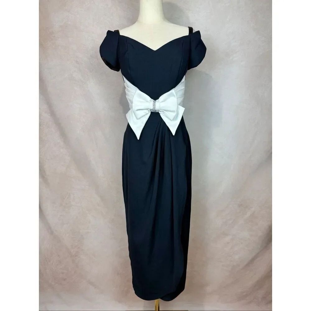 Vintage 1980s 1990s Black Bow Front Dress Off The Shoulder Chic Elegant S/M